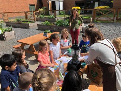 Students huddle around a demonstration on making smoothies from fresh produce.