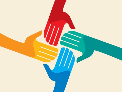 Teamwork symbol. Multicolored hands