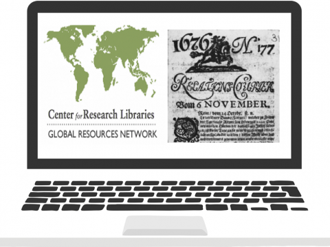 Illustration of computer with Center for Resource Libraries Global Resources Network logo