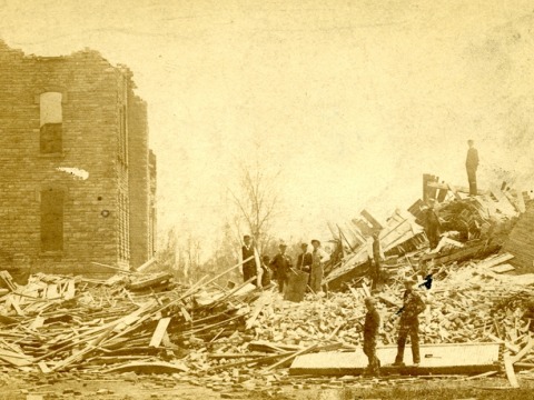 Photo of damage caused by 1882 cyclone in Grinnell