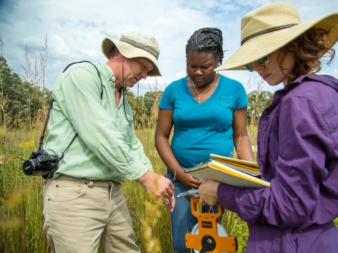 Professor and two students at Conard Environmental Research Area