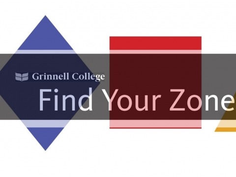 Sign depicting dark rectangle spanning a blue diamond, red square and yellow triangle with the words Grinnell College find your zone  