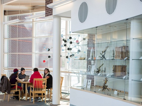 Four students studying in the Noyce Science Center "elbow"