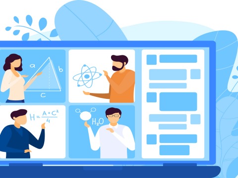 Illustration showing a laptop screen with 4 different windows showing 4 different people 