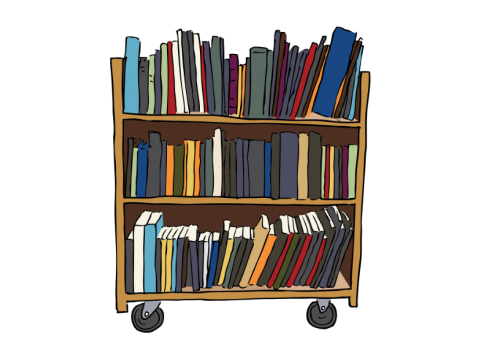 A handdrawn bookcart with books