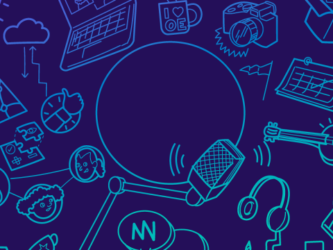 Dark blue microphone, laptop, camera, headphones, guitar