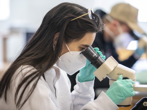 A student wearing a lab coat, exam gloves and a mask looks through a microscope.
