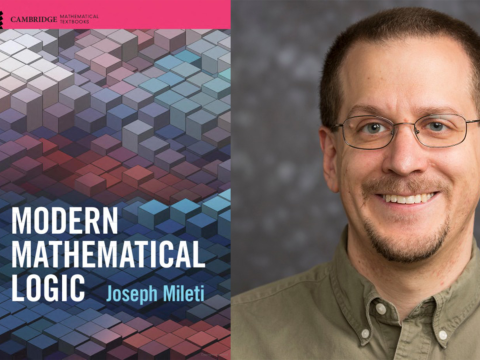 Joe Mileti pictured alongside the blue and pink cover of his new textbook, titled Modern Mathematica Logic.