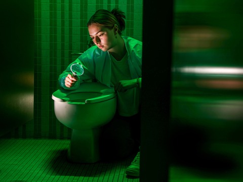 A woman in a lab coat kneels next to a toilet and inspects it with a magnifying glass.