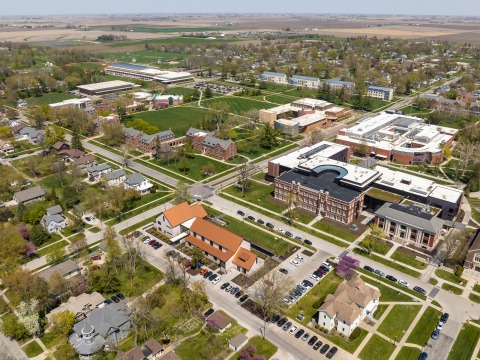 Drone shot of Grinnell College campus