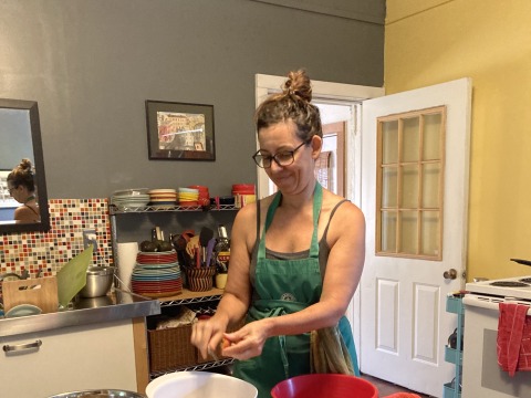 Belinda Backous processing apricots on her homestead in Poweshiek County.