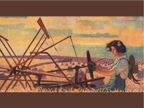 Woman driving threshing machine in field