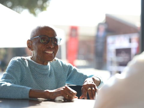 Edith Renfrow Smith ’37 smiling during the dedication ceremony of Renfrow Hall.
