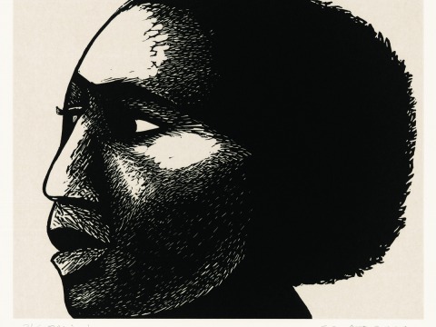 Black and white artwork of a Black woman in profile