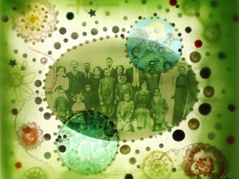 Colorful artwork in green and gold depicting a vintage image of Black people
