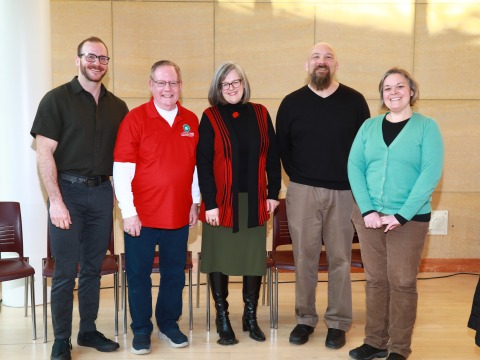 Photo of two award winners, the president of Grinnell College, and two Staff council members