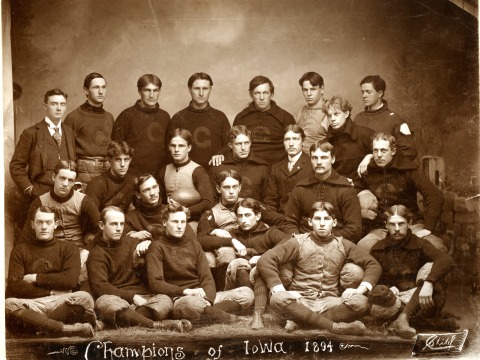A vintage black and white photo of the 1894 Iowa College football team