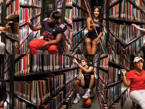 A montage of Grinnell student athletes in uniform in the library stacks