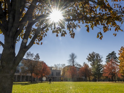 A daytime shot of the Grinnell College north campus, facing east. The sun is shining. 