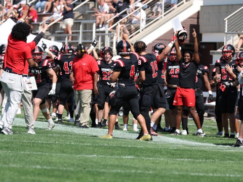 Players and coaches cheer on the sidelines during a football game.