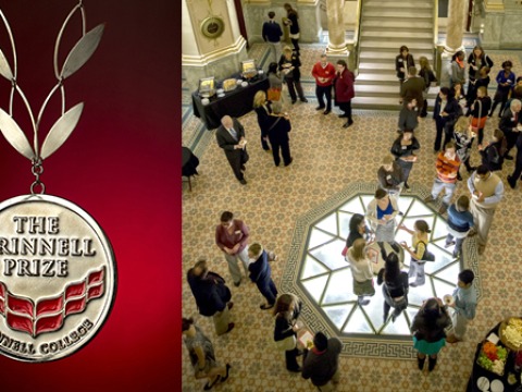 Grinnell Prize medal on the left and a crowd of people milling about in a tiled open area on right
