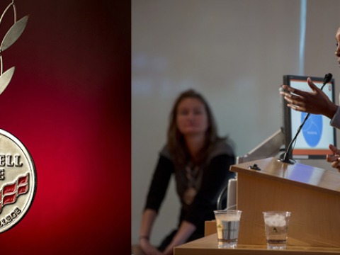 Grinnell Prize medal on the left and a woman presenting behind a podium on the right