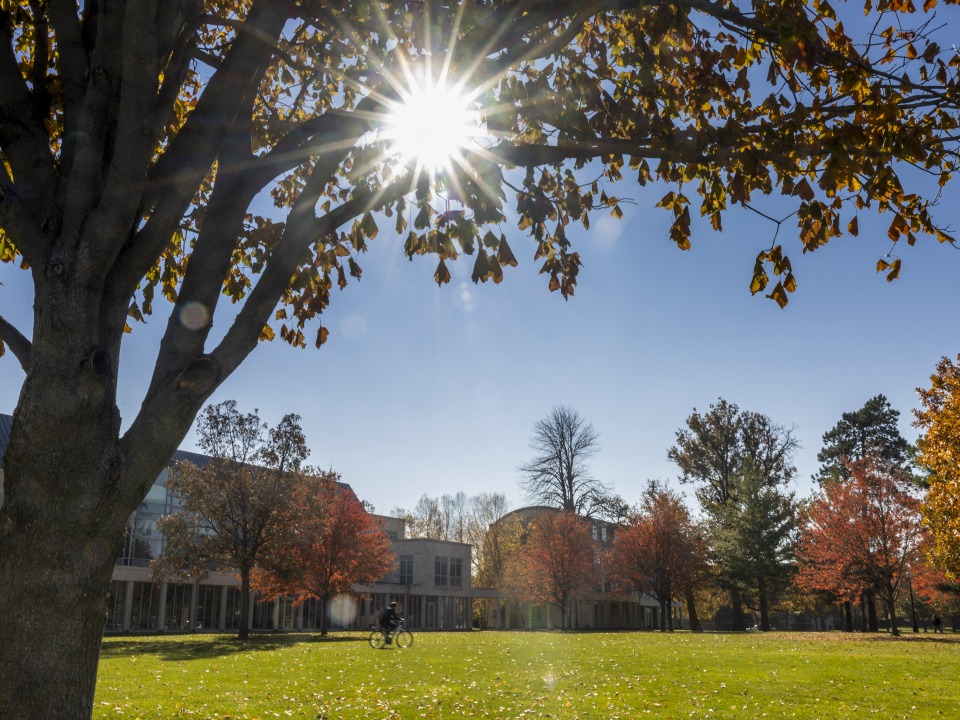 A daytime shot of the Grinnell College north campus, facing east. The sun is shining. 