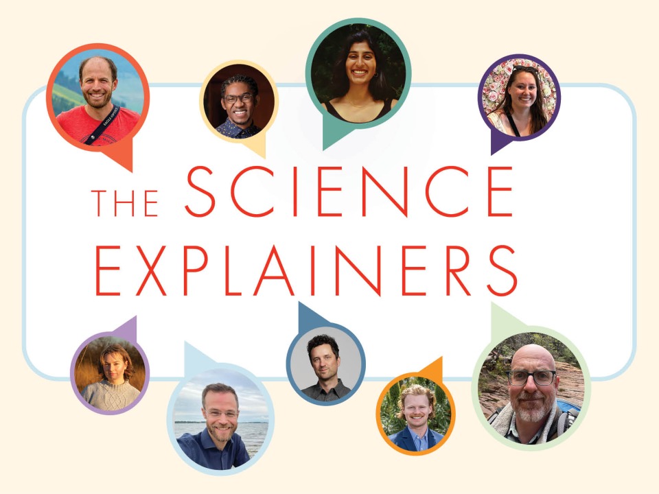 A colorful graphic features nine adults in circular frames arranged around the text "The Science Explainers" in bold red letters.