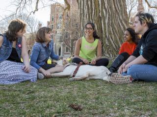 Lucy Sidi '18, Deqa Aden ’18, and Leina’ala Voss ’18 sit under a tree with Lucy's service dog and two friends