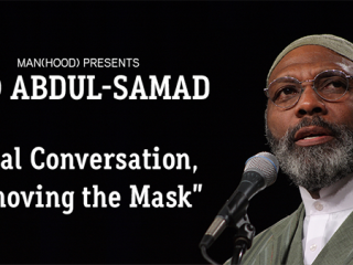 Rep. Ako Abdul-Samad at mic with white on black text poster announcing the presentation