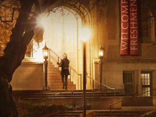 Young woman walks up stairs under lights on dimly lit campus as "Welcome Freshman" banners hang nearby. 