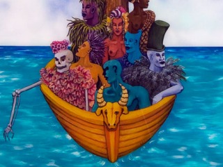 An artwork of seven colorful humans, a skeleton, and a tree crossing the ocean in a small golden boat