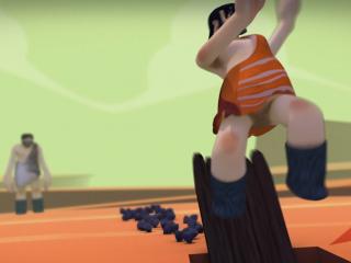 Cartoon caveman surfing over small shapes and into a hole