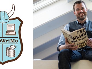 NaNoWriMo logo on left and Grant Faulkner ’87 with a book titled The Savage Detectives