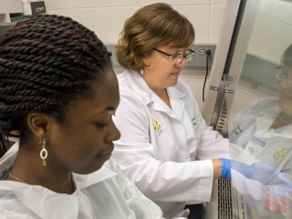 Queenster Nartey and Shannon Hinsa-Leasure work in a fume hood.