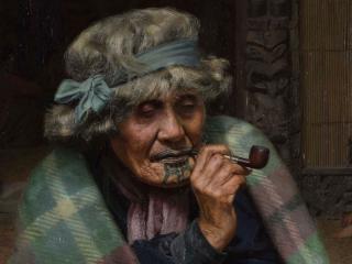 Painting of an older woman smoking a pipe with a child in the background
