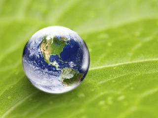 The Earth reflected in a water droplet on a bright green leaf 
