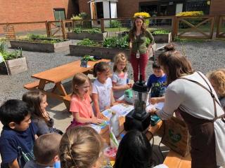 Students huddle around a demonstration on making smoothies from fresh produce.