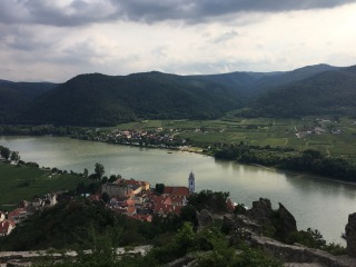 Aerial view of a village on the Danube in Austria