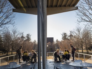 Students on north balcony of Burling Library