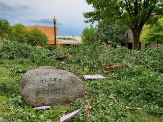 tree limbs and storm debris around the Class of 1980 rock in central campus