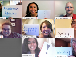 staff in online conference holding signs that read Academic Advising is here to support you