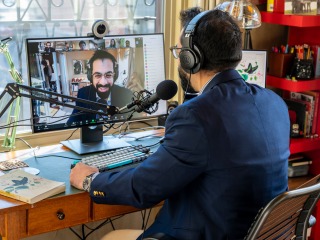 Joshua Marshack Assistant Professor of Anthropology, teaches his class virtually from his home in Grinnell