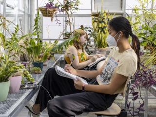 Two students sit between rows of plants in the greenhouse and sketch.