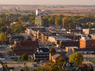drone shot of downtown Grinnell