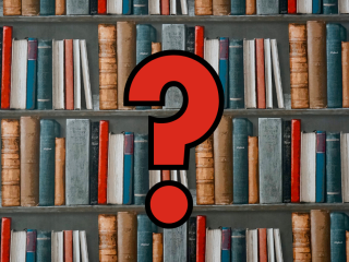 Shelves of books with question mark in the center