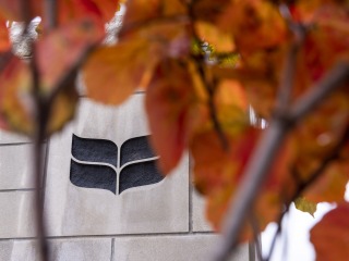 orange and yellow leaves over grinnell college logo 