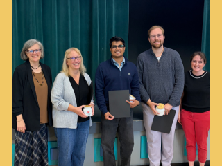 Celebrating the Fall 2026 Grand Grinnellian Award recipients. Pictured from left: Grinnell College President Anne F. Harris; award recipients Amy Anderson, Abheshek Gaur, and Will Luebke; and Staff Council President Jane Mertens.