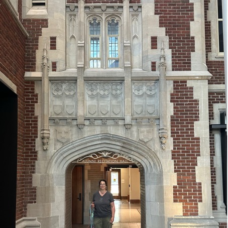 Ruth Feingold with her dogs in the HSSC atrium