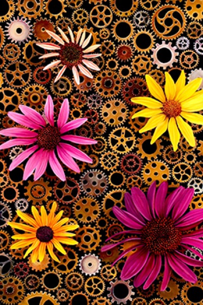 Cogs and machinery in background with brightly colored gerbera daisies